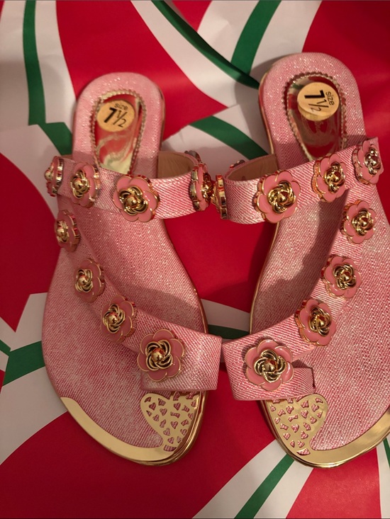 Atalina Shoes - Women's Pink Floral Embellished Slide Sandals with Gold Accents
